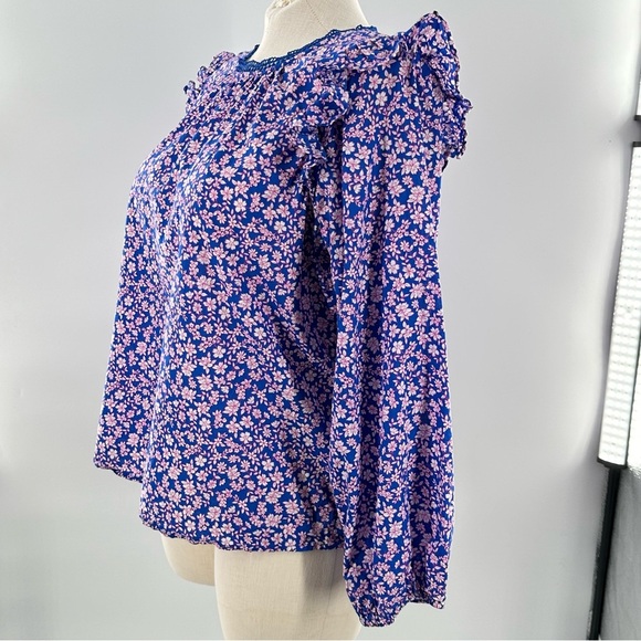 J Crew Outlet womens top size L blue pink floral peasant - Picture 7 of 12